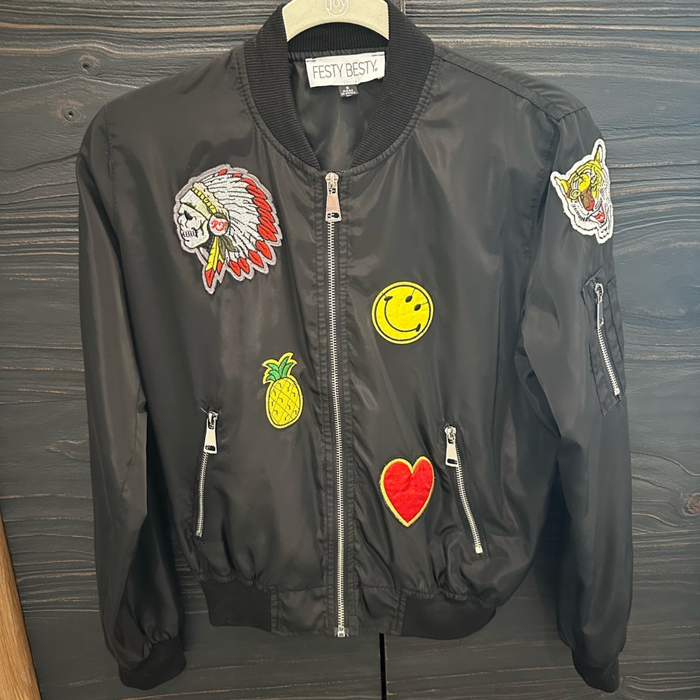 Black Bomber Jacket with Colorful Patches